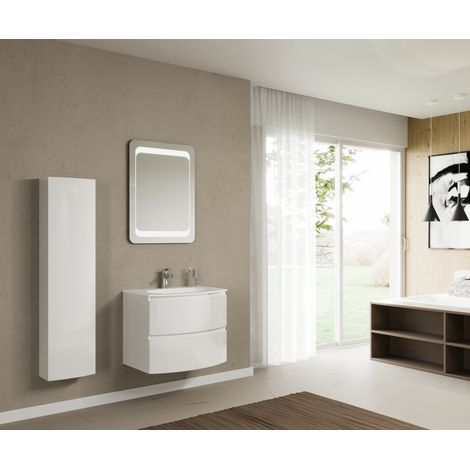 Hängender Badezimmerschrank 70 cm aus glänzend weißem Holz mit Waschbecken – Arona - Specchio retroilluminato LED