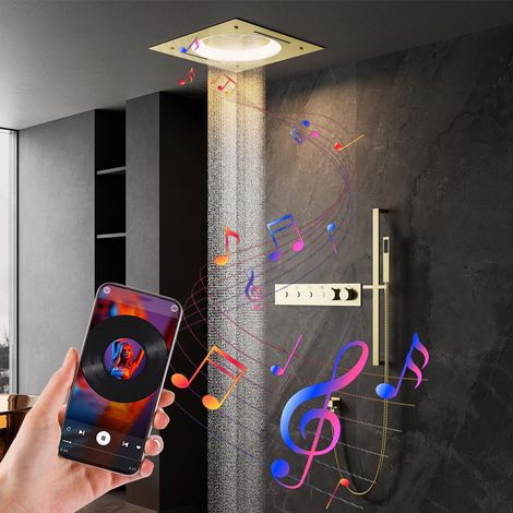 Colonna Doccia Termostatico con Musica, 64 Colori LED Set Doccia da Incasso con 55 X 55 Cm Soffione e Doccetta, 4 Funzioni, Set Doccia in Ottone e Acciaio Inox (1/5)