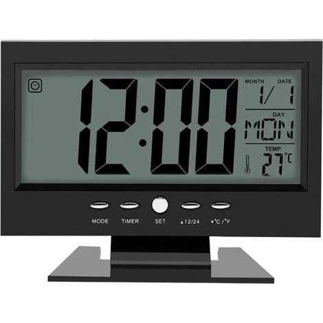 Elektrischer Wecker, LCD-Digitalwecker mit Ton-, Kalender- und Temperaturanzeige (Schwarz)