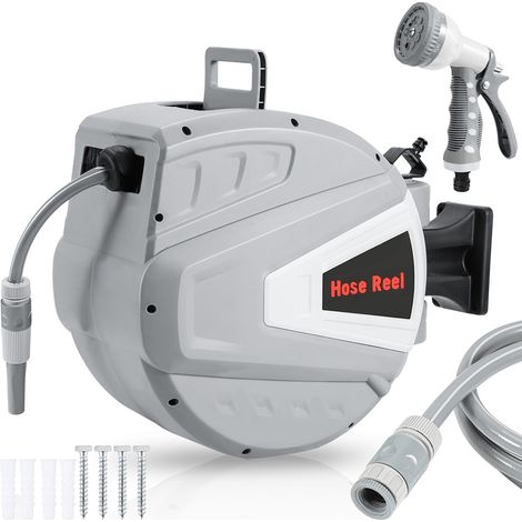 Jiubiaz Wasserschlauchaufroller Grau 20m Wasserschlauch  180° schwenkbar  Multi-Handbrause  Wandbefestigung