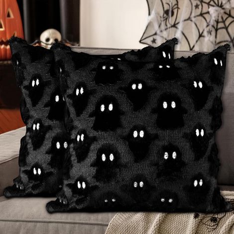 Set di 2 federe per cuscini a tema fantasma di Halloween, 45x45 cm, set di cuscini vintage con fantasma a due occhi, decorazione per letto con smorfia, divano, decorazione di Halloween (nero) (1/5)