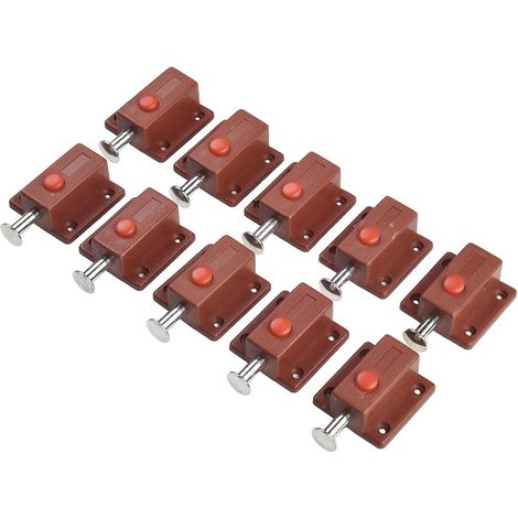 Pack of 10 plastic push-button latches – Automatic spring-loaded door locks for cabinets, drawers and pet gates – White, black, brown (brown) (1/5)