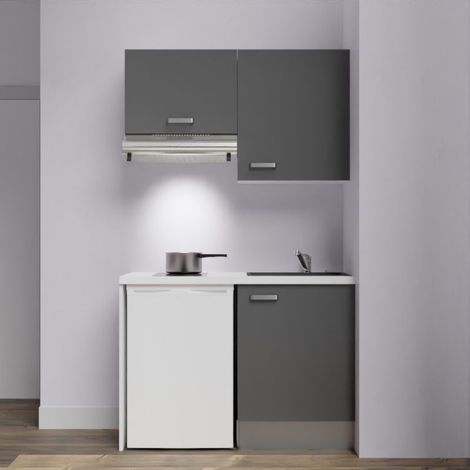 Kitchenette K01 Gris - Plan de travail Blanc - Crédence : Non - Evier Noir (1/4)