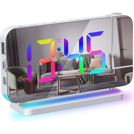 Projektionswecker für Schlafzimmer, 7-Zoll-RGB-bunte LED-Digitaluhr mit Spiegeloberfläche, 6-stufiger Helligkeitsdimmer, USB-Ladegerät, 12/24-Stunden-Schlummerfunktion, Weiß