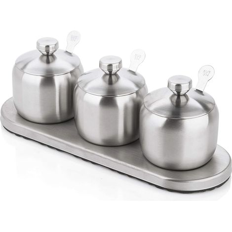 Ensemble de rangement pour épices en acier inoxydable 18/8, comprenant un pot à épices, un support à épices, un flacon à sel, un récipient à poivre et un rangement à sucre, ainsi que 3 cuillères de se (1/5)