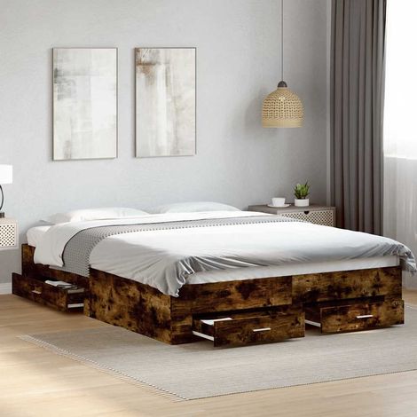 Cadre de lit avec tiroirs sans matelas chêne fumé 140x200 cm (1/5)
