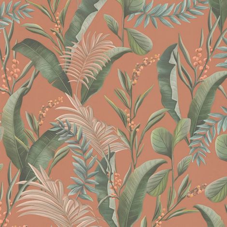 Blumen Tapete Profhome 394362 heißgeprägte Vliestapete leicht strukturiert mit floralen Ornamenten matt orange rot grün beige 5,33 m2