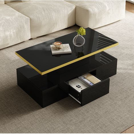 Table basse en panneaux de particules noir brillant 100 cm avec 2 niveaux et tiroir (1/5)