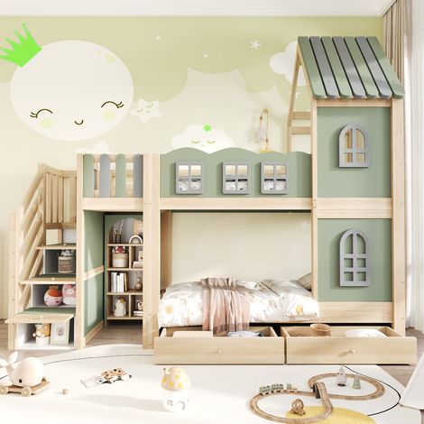 Lit superposé enfant en bois 90x200 cm, avec barrière de lit, toit avec fenêtres, échelle de rangement, étagères et tiroirs, vert (1/5)