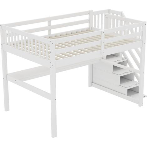 Letto a soppalco per bambini 140 x 200 cm bianco con scrivania e contenitori, pino e MDF (1/5)