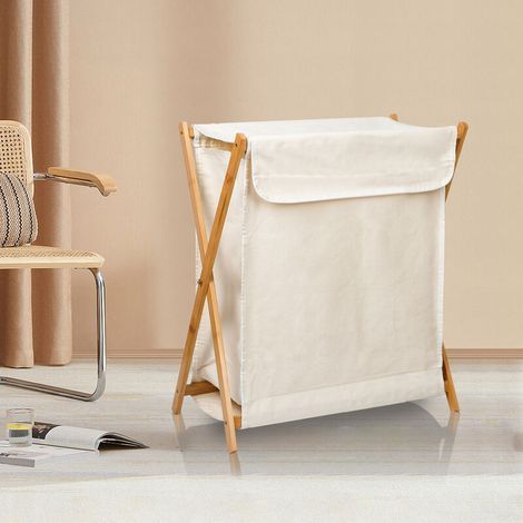 Panier à Linge, Corbeille à Vêtement, pour Salle de Bain, Bac à Linge en Bambou et Lin, Beige (1/5)