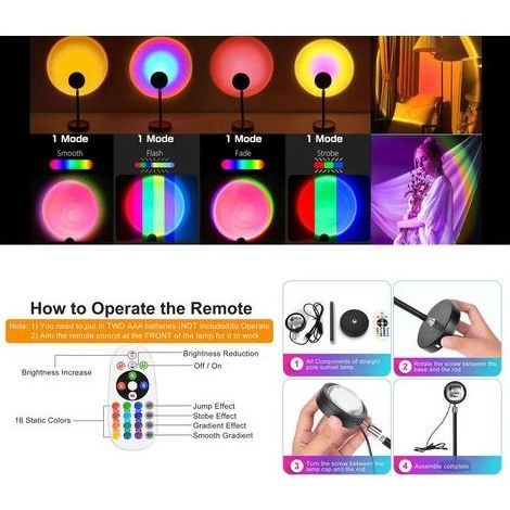 Lampe Sunset, Lampe Solaire, Lampe Circulaire, avec 2 Télécommandes, 180° Pivotante, 16 Couleurs RGB, 4 Modes d'Éclairage, Accessoires pour Photos (1/4)