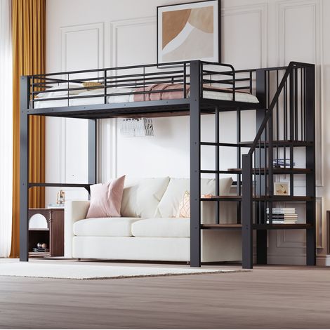 Hochbett 90 x 200 cm aus Metall mit Stauraum unter dem Bett und Treppe, schwarz-weiß HAVRYA (1/5)