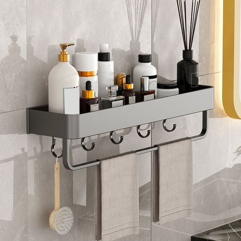 Étagère murale de salle de bain sans perçage, porte-serviettes, rangement pour lavabo, gris anthracite - simple niveau 30 cm avec crochets et barre. (1/5)