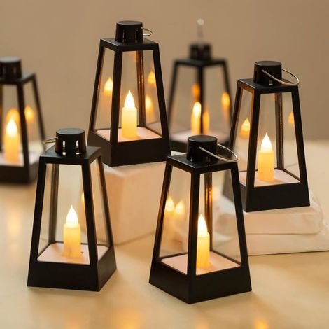 Lanterne LED Exterieur Halloween - Lot de 10 Mini Noir Lanterne Bougie Decorative à Suspendre pour Ramadan, Mariage, Noel, Decoration de Table, Deco Champetre (1/4)