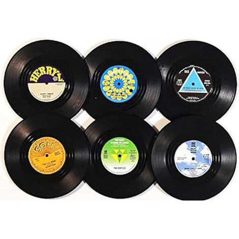 Lot de 6 sous-verres vintage en forme de CD, pour les mélomanes, cadeau idéal pour une pendaison de crémaillère (Style 2). (1/4)