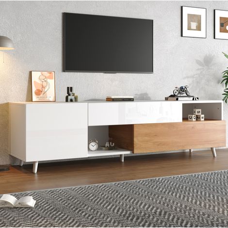 Mueble para TV de tablero de partículas blanco y natural 180x38x50 cm, alto brillo, 7 huecos de almacenaje (1/5)