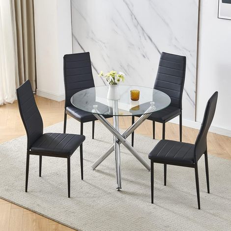 90x90 Round Table and Chairs, Round Glass Table with Chairs, Dining Table Set of 2/4 (Faux Leather, Black, With 4 Chairs)