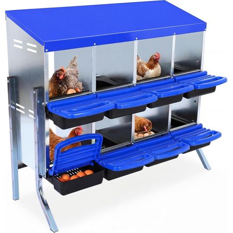 Pondoir Poules Pondeuses 8 Compartiments, Poulailler en Métal Bac de Récupération Ponte, Collecte des œufs, Couvercle Amovible, Pieds, Bleu