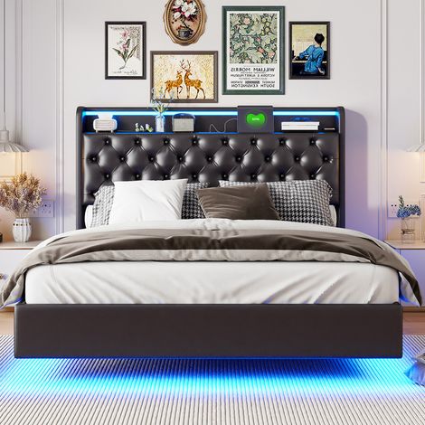 Lit adulte flottant 160x200cm - Cadre de lit 160x200 avec sommier LED et USB - Tête de lit capitonné avec rangement - Style modern - Noir (1/5)