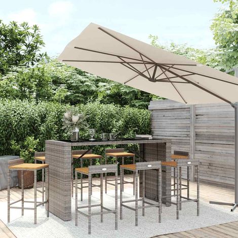 vidaXL Mesa bar y taburetes jardín 9 pzas madera acacia ratán PE gris (1/5)