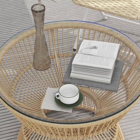 Table basse de jardin ronde Ø60 cm en résine tressée style bohème, plateau verre trempé, table d’appoint extérieure naturelle pour terrasse (1/5)