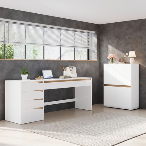 Modernluxe - Ensemble bureau 2 pièces - Bureau 140 x 50 cm et meuble de rangement 90x40x110 cm - Blanc et naturel (1/5)