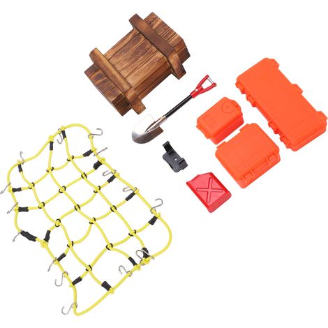 Ensemble d'outils de décoration simulés pour voiture RC 1/10 : valise, filet à bagages, pelle, accessoires pour voiture tout-terrain SCX10 90046 90047 (jaune) (1/5)