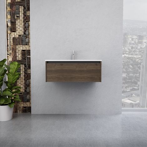 Inda - Badezimmerschrank 1 Schublade B.80 mit glänzendem Waschbecken / Braune Eiche - Smeraldo