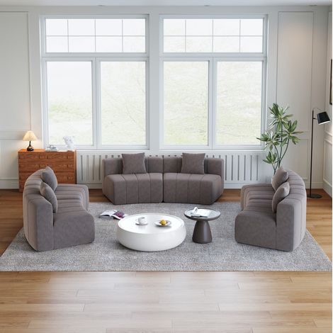 Sofá modular curvo de chenilla gris, diseño tipo teclas de piano, con 2 cojines, sin montaje (1/5)