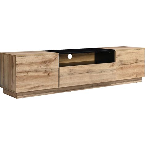 Vente-Unique – Meuble TV 180 cm avec 2 portes et 1 tiroir – Panneau de particule naturel clair et noir – Passe-câble intégré – Charge max 75 kg (1/3)