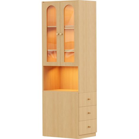 Librería alta estrecha 60x40x200 cm en MDF color roble con vitrina LED y cajones (1/5)