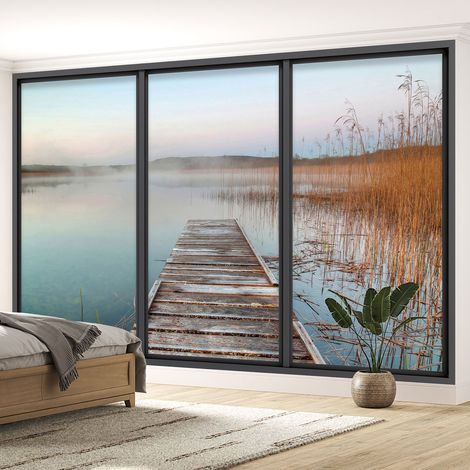 Papier peint panoramique Trompe l'oeil baie vitrée - Ponton lac - 130 cm x 78 cm (1/5)