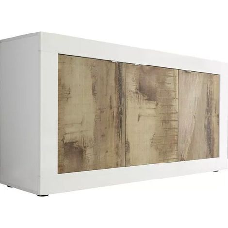 Buffet 3 portes, collection ISORA, coloris blanc et chêne clair, idéal pour votre salon ou salle à manger (1/5)