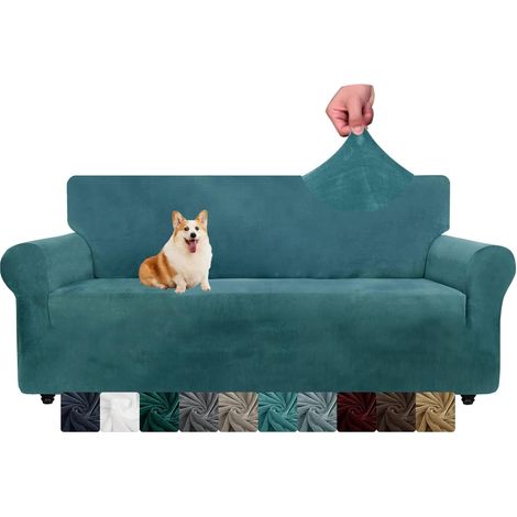(3 places, bleu paon) Housse de canapé en velours Silver Fox Housse de canapé extensible épaisse 3 places (1/5)