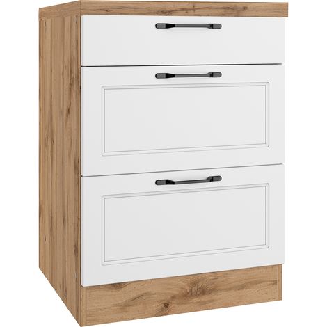 Unterschrank mit Schubladen 60 cm, weiß und Eiche, MONTERREY-03 (1/5)