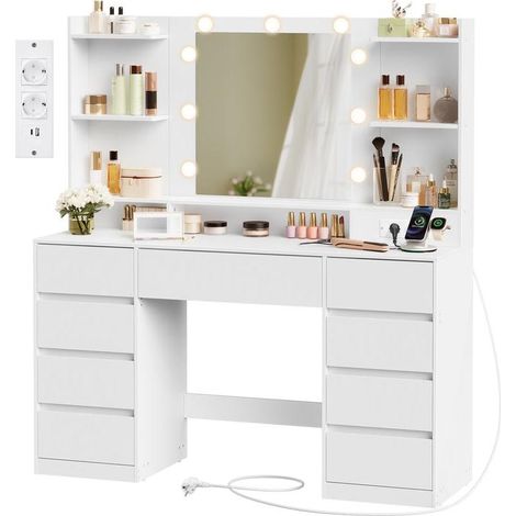 Coiffeuse avec miroir éclairage LED 40 x 107 x 144 cm rangement bijoux 9 tiroirs design moderne en aggloméré blanc (1/2)