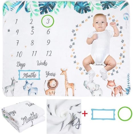 Lot 100x130cm Tapis Photo Bébé en Flanelle, Fond de Séance Nouveau-né avec Motifs Animaux, Coussinet de Croissance Mensuel pour Photographie (1/3)
