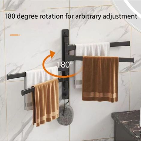 Portasciugamani girevole a 180°, 4 aste, lega di alluminio, con braccio girevole, per bagno, gancio girevole, vano portaoggetti a parete, grigio argento (1/3)