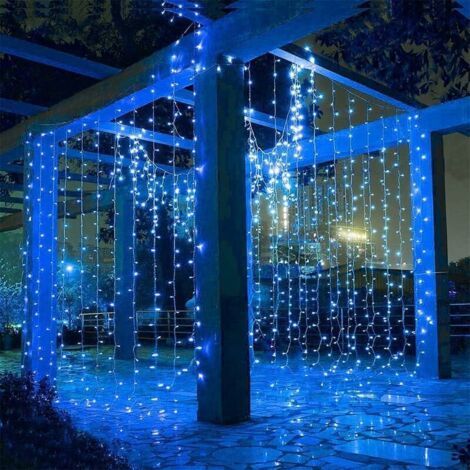 Guirlandes lumineuses rideau LED de 600, 6m x 3m, 8 modes d'éclairage, étanches IP44 pour usage intérieur et extérieur (bleu). (1/4)