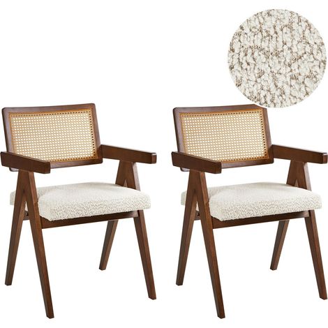 Set di 2 sedie da pranzo retrò Struttura in legno di gomma Seduta in bouclè Cucina Sala da pranzo Marrone scuro e Beige chiaro Ava