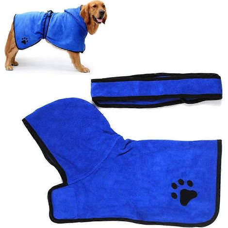 Serviette de bain pour chien, serviette de bain en microfibre ultra-absorbante et à séchage rapide avec capuche ajustable, serviette de bain pour chat et chien - Bleu - L (1/5)