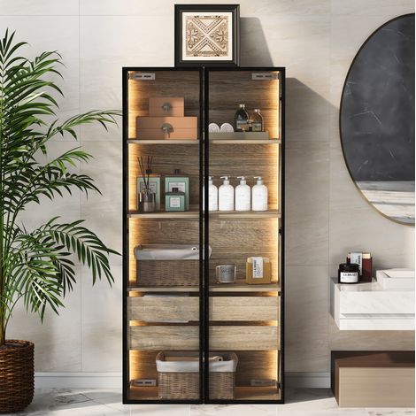 Mobile colonna bagno 74x36x155 cm in MDF naturale con ripiani e LED FloraGrace (1/5)