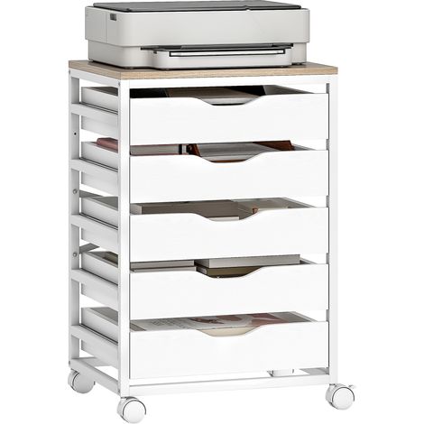 Caisson bureau mobile, meuble rangement sur roulettes bois avec 5 tiroirs, poignées encochées, 50 x 40 x 74,5 cm , blanc