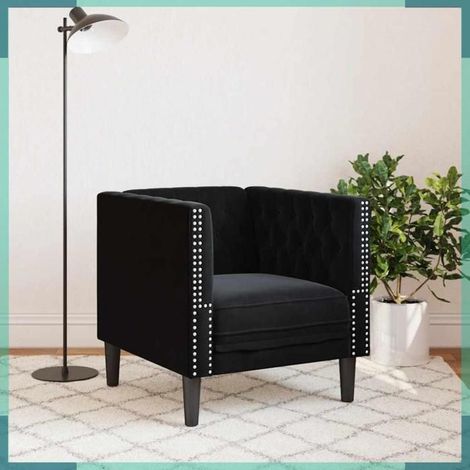 372678 Fauteuil Chesterfield noir velours (1/5)