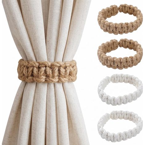 Set de 4 embrasses Rideaux bohèmes, 2 Jute Marron + 2 Coton Beige, Attache Rideau Flexible, Embrasse pour Rideaux et Attache Rideaux 24×2cm pour Salon, Chambre et déco Maison (1/5)