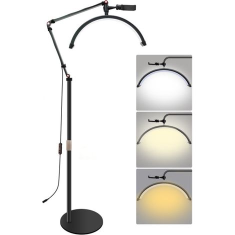 Lampe de beauté, Lampadaire LED, lampe Demi-Lune Lampe de Beauté, 20W, Réglable à 360°, 3 Couleurs, avec Support de Téléphone, Noir (1/5)