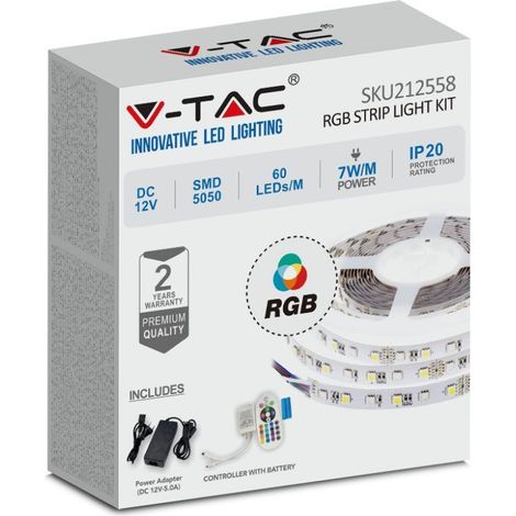 Kit per Strip LED SMD5050 10W/m Bobina 5m 60 LED/m con Telecomando e Alimentatore RGB Dimmerabile IP20
