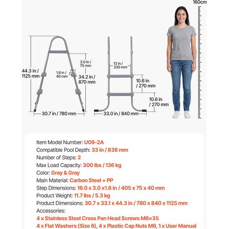 VEVOR Above Ground Pool Ladder, 2-Step Steel A-Frame Swimming Pool Stairs for 33 in High Wall, 300 lbs Capacity Entry/Exit Steps with Secure Non-Slip Sturdy Wide Step, Easy Setup Outdoor, Gray (1/4)