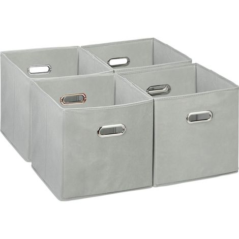 Lot de 4 boîtes de rangement, caisses pliables, HxLxP : 30x30x30 cm, poignées, panières pour étagère, gris (1/5)